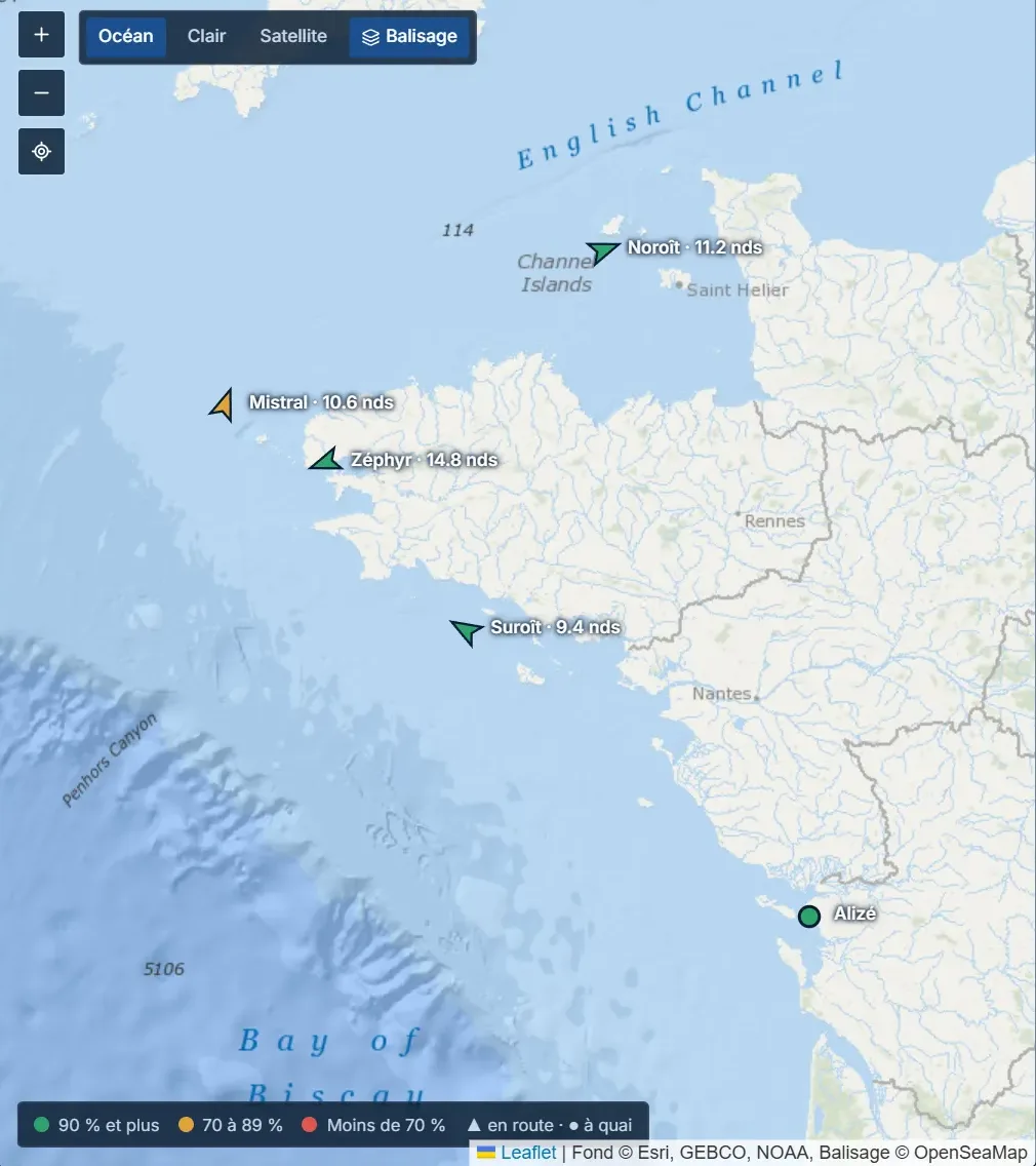 Écran « Ma flotte » de PharmaFleet : carte des navires et liste avec la conformité de chacun